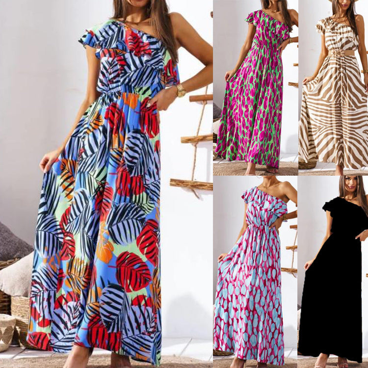 Dam Lång Klänning Off-Shoulder Tryckt Polyester Fina Dam Klänningar-2