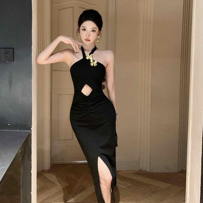 Kvinna Klänning Lång Slits Halshållarstil Högkvalitativt Tyg 1