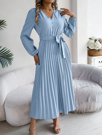 A-linjeformad Veckad Dam Klänning med Långa Ärmar i 100% Polyester – Elegant och Mångsidig Klänning för Fest och Vardag 8