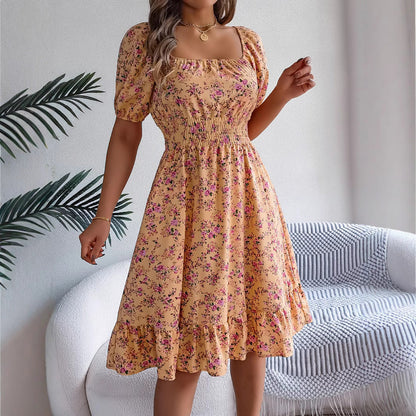 Kvinnors Midi Klänning Blommönster Polyester Fyrkantig Halsringning-5