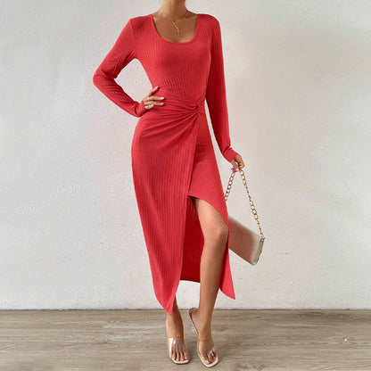 Dam Bodycon Klänning med Splittad Söm Lång Ärmar Polyester-4