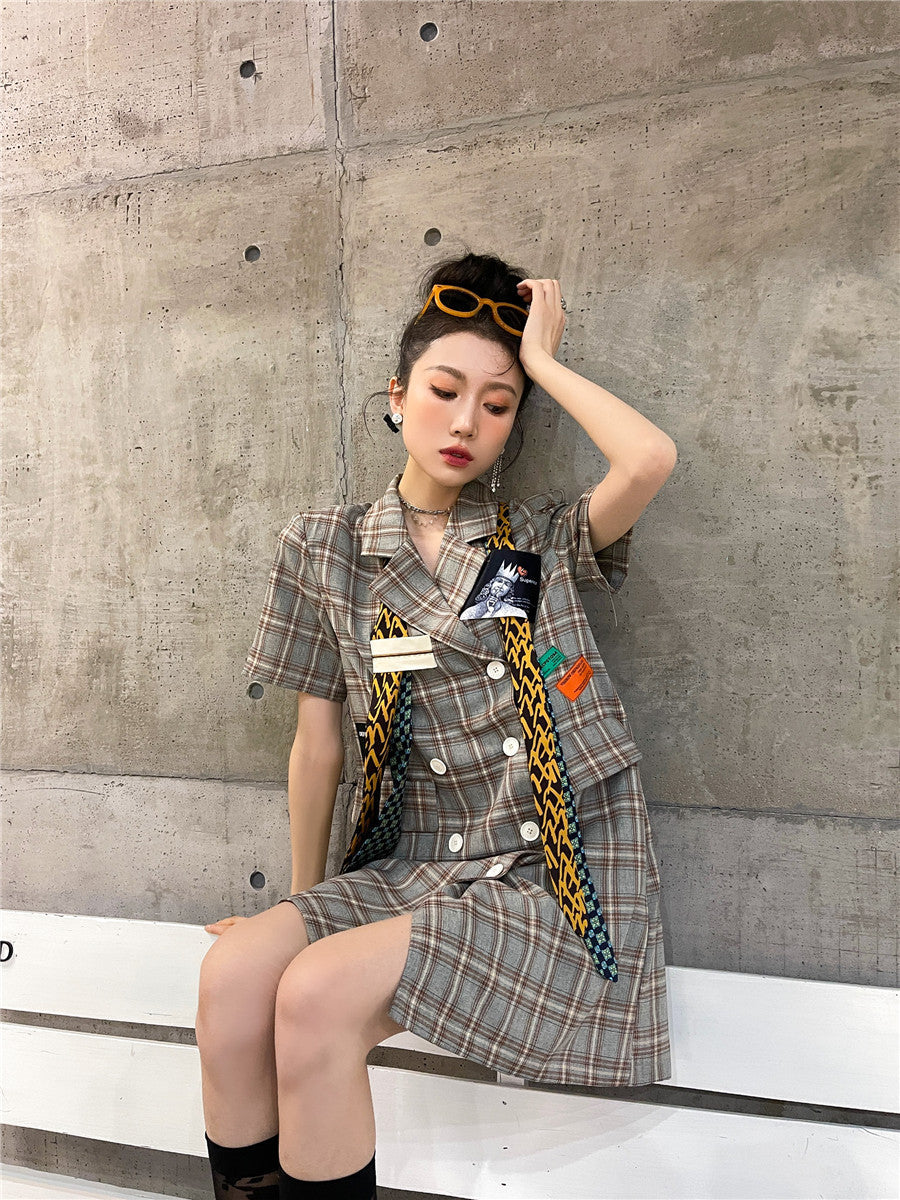 Kvinnors Miniklänning Rutigt Bomull A-linjeformad Kortärmad-3