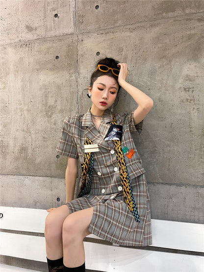 Kvinnors Miniklänning Rutigt Bomull A-linjeformad Kortärmad-3