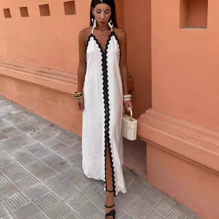 Maxiklänning Dam Flödande Snitt med Blöjhalring och Kontrastkant Lätt Tyg 5