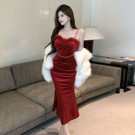 Kvinnors Lång Klänning Off-Shoulder Sammet-1