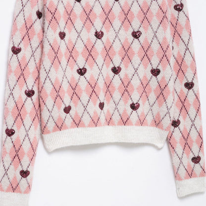 Stickad Dam Tröja med Diamantmönster och Glittrande Hjärta i Bomullsblandning-3