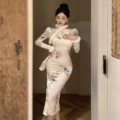 Variant image for Kvinnors Midi Klänning Qipao Stil Högkvalitativt Tyg-1