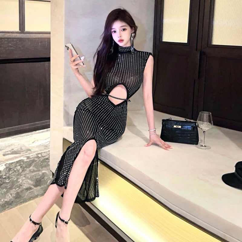 Dam Bodycon Klänning Transparent Mesh med Strass-4