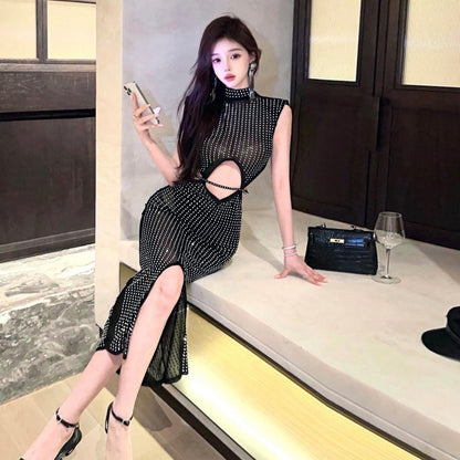 Dam Bodycon Klänning Transparent Mesh med Strass-4