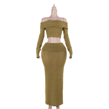 Variant image for Kvinnors Axelfri Topp Figurkramande Kjol Elastisk Stickad Set-1