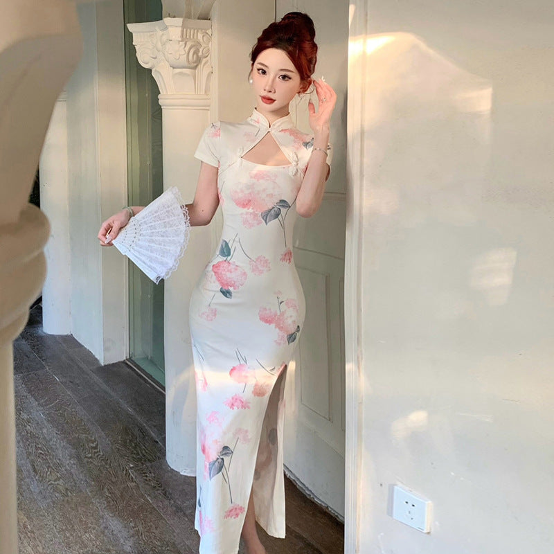 Kvinnors Retro Klänning Delad Design Stenlängd Högkvalitativt Tyg-4