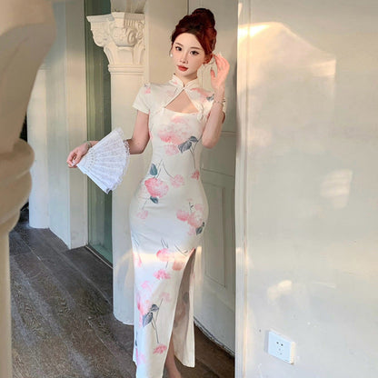 Kvinnors Retro Klänning Delad Design Stenlängd Högkvalitativt Tyg-4