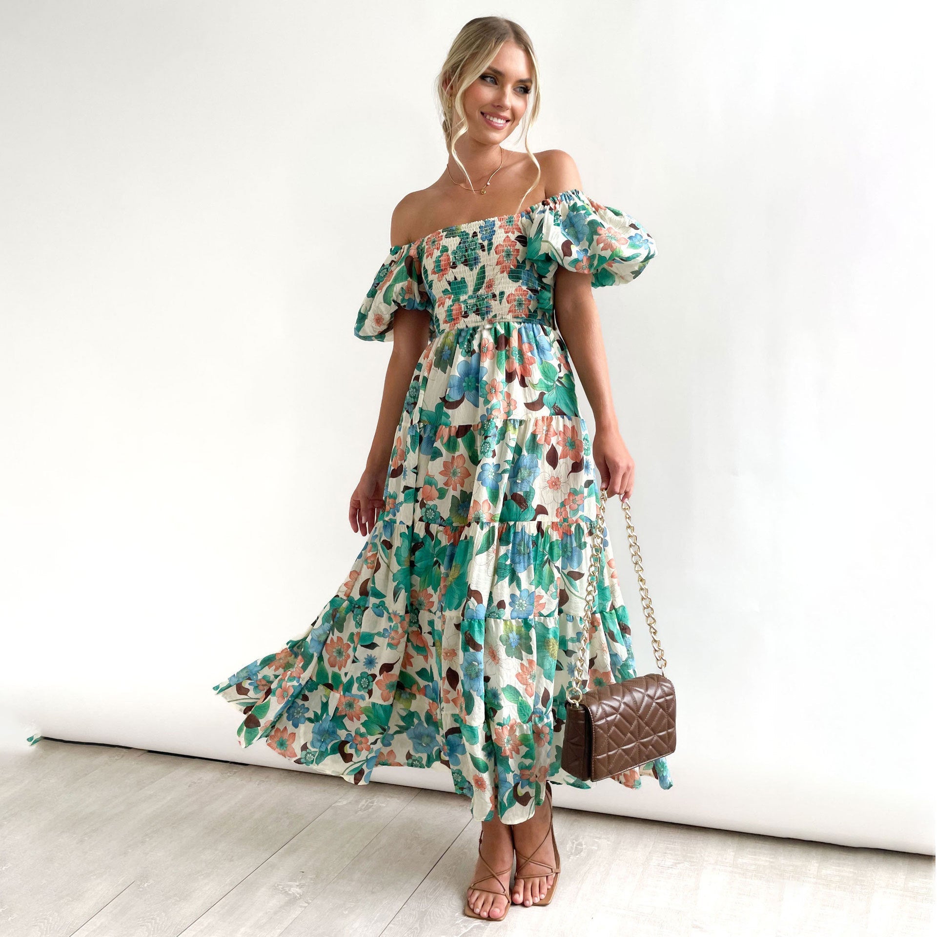 Kvinnors A-linje Klänning med Lanternärm Hög Midja Polyester-6