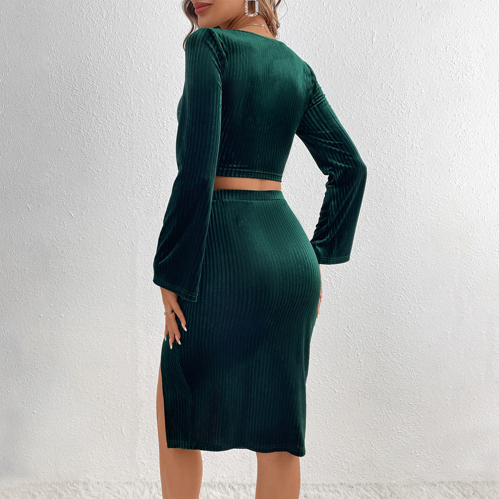 Dam Rock Set med Klockärmar Mjukt Tyg och Sidofickor-2