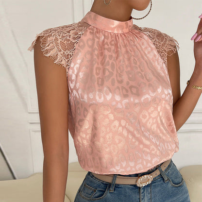 Blus Dam Leopardmönstrad med Halvhög Krage och Spetsärmar Polyester-2