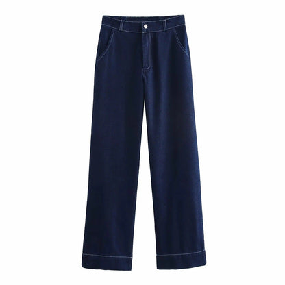 Kvinnor Bred Denimbyxor Hög Midja Femfickdesign Högkvalitativ Denim-1