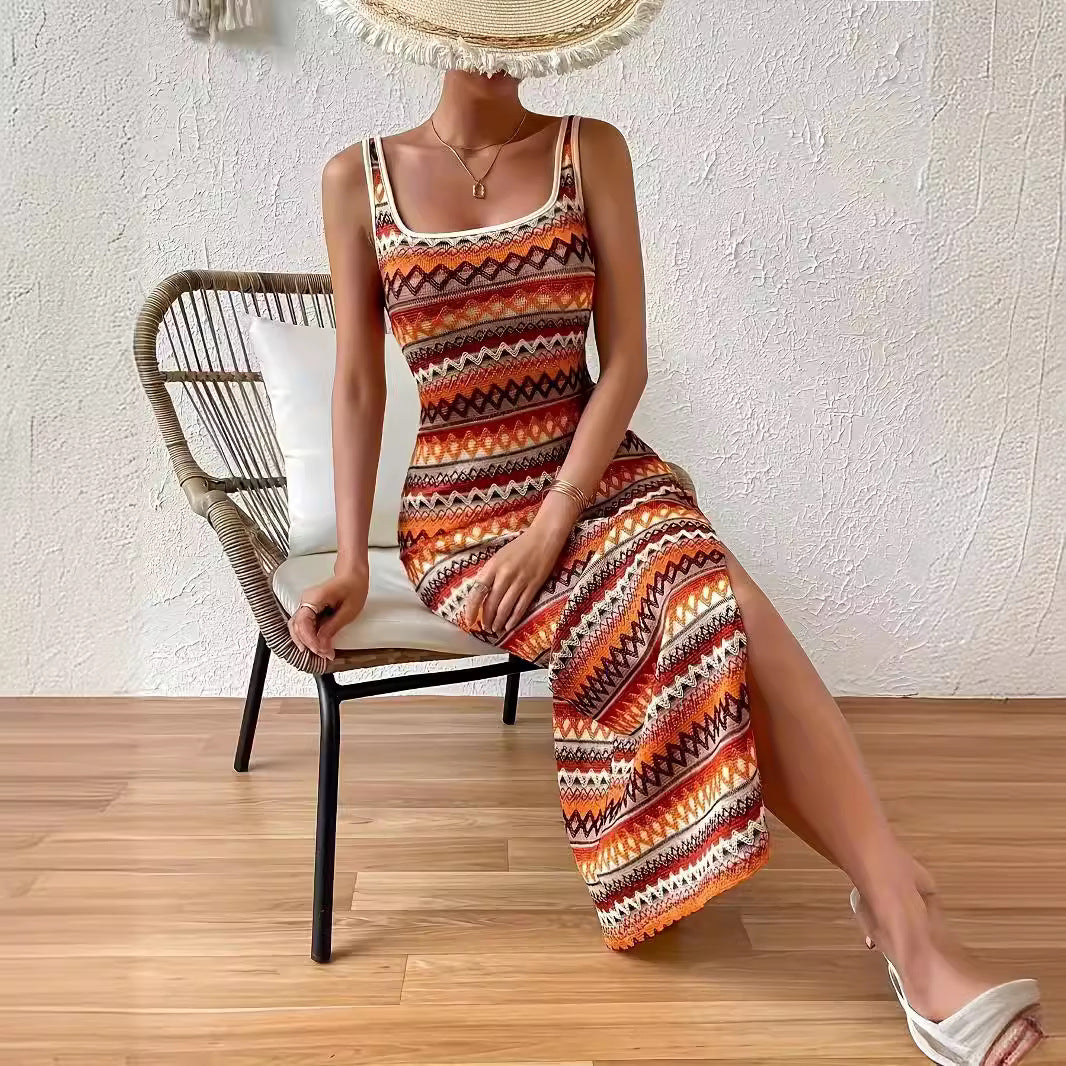 Fina Dam Klänningar Fyrkantig Randig Ärmlös Spandex Maxiklänning-5