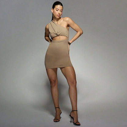 Svart Minikjol Bodycon med Asymmetrisk Halsringning – Kort Polyesterkjol för Dam 5