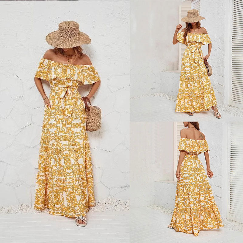 Kvinnors Off-Shoulder Klänning Blommönster Rynkad Polyester-2