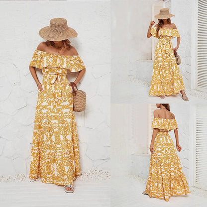 Kvinnors Off-Shoulder Klänning Blommönster Rynkad Polyester-2