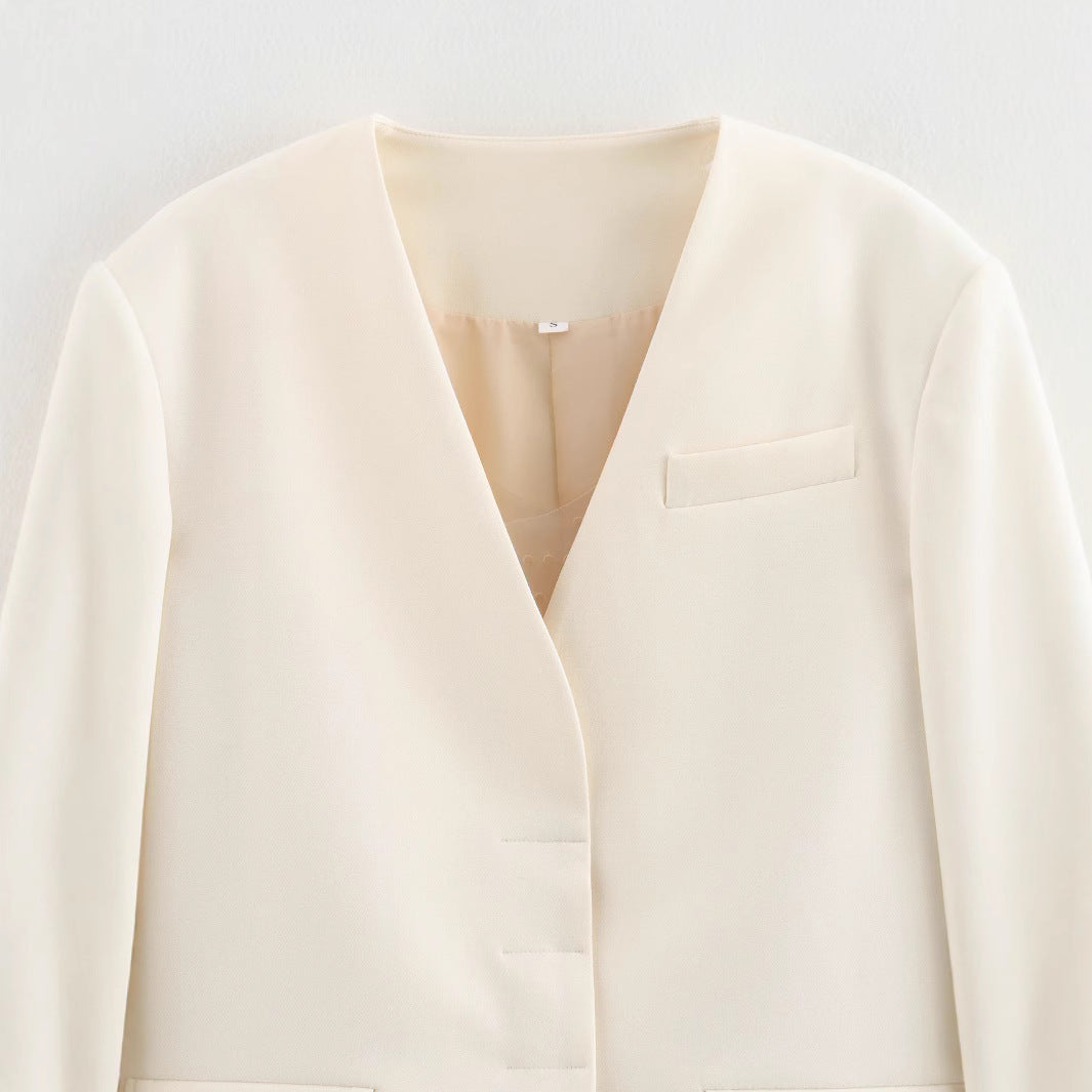 Dam Blazer V-ringning Skräddarsydd Polyester Elegant Stil-3