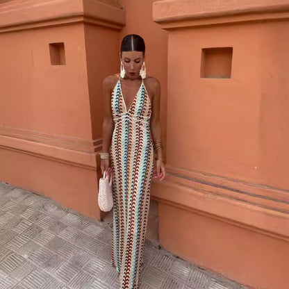 Variant image for Kvinnors Stickad Klänning Djup V-ringning Vågmönster-6