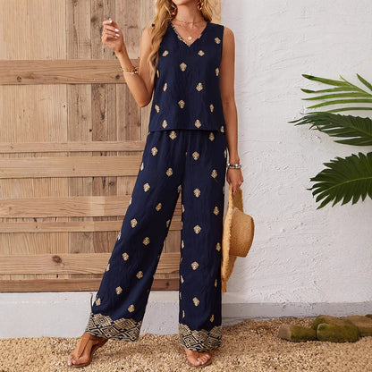 Kvinnors Tvådelad Set med V-hals, Ärmlös Topp och Bredbyxor i Lätta Tyger – Gyllene Accenter och Avslappnad Passform 1