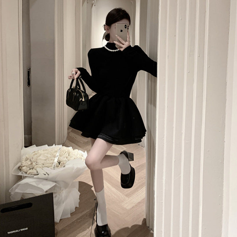 Damklänning Puffärmad Halv Krage Stickad Kort-3