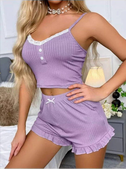 Dam Pyjamas Set Ärmlös Capri Polyester Med Ruffle Kanter 9