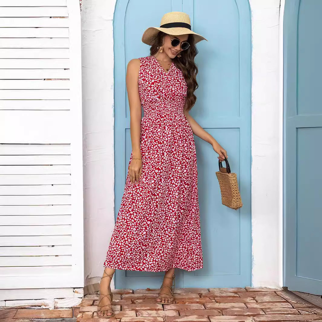 A-linjeformad Maxiklänning Dam med Blommönster, Ärmlös V-ringning, Lång Klänning i Polyester 4