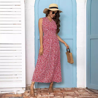 A-linjeformad Maxiklänning Dam med Blommönster, Ärmlös V-ringning, Lång Klänning i Polyester 4