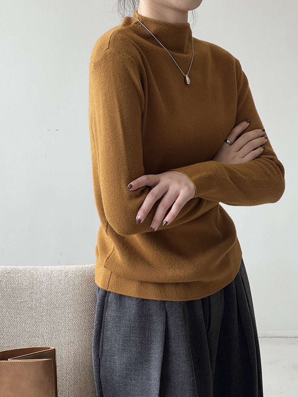 Dam Stickad Halvturtleneck Tröja Borstad Ull-2