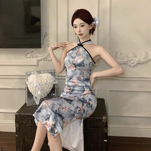 Dam Klänning Bodycon Lång Qipao Polyester med Blommönster-1