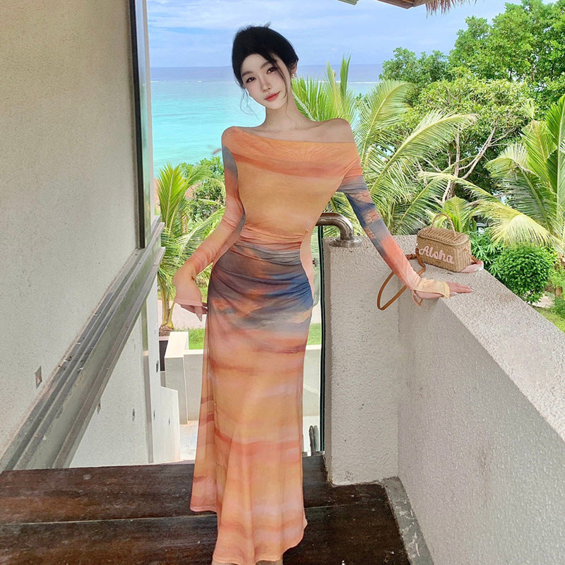 Damklänning Blommig Draperad Smal Snitt Polyester Lång Kjol-2