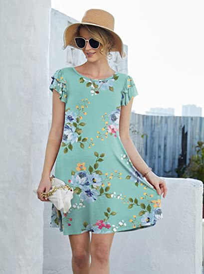 Kortärmad Klänning för Kvinna med Blommönster – Lätt Tyg, Rund Halsringning, Ruffles på Ärmarna, Normal Passform 9