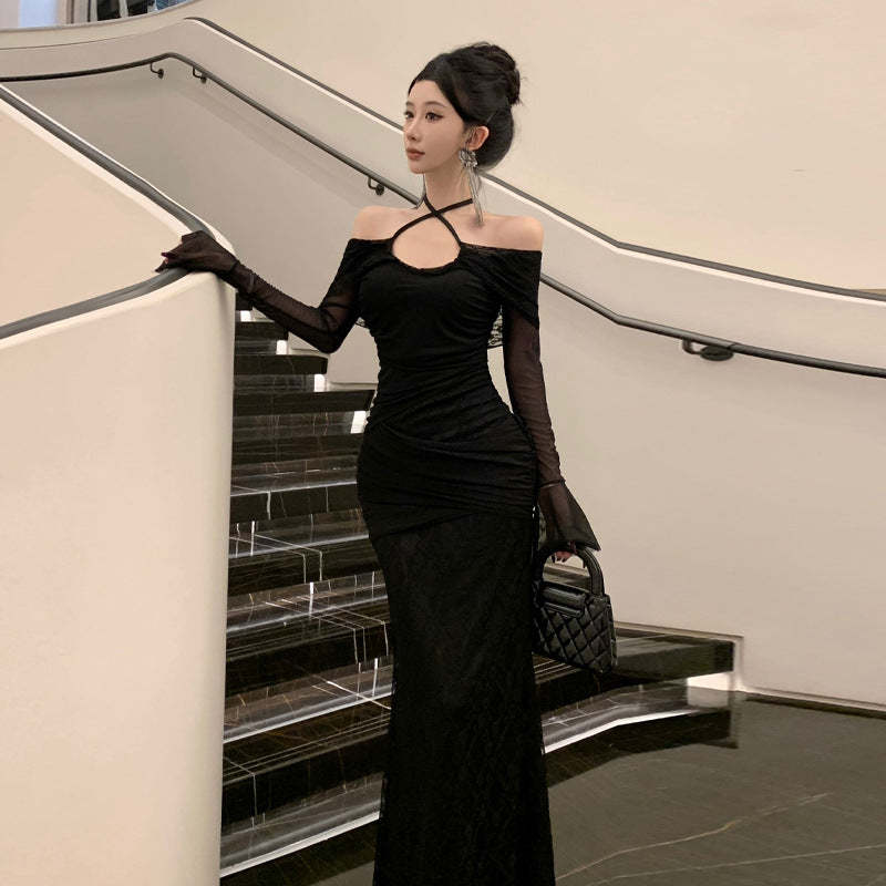 Kvinnors En-Axel Klänning Halter Stil Högkvalitativt Tyg-2