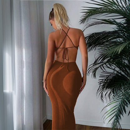 Kvinna Halterklänning Figurnära Stickat Tyg Lång-3