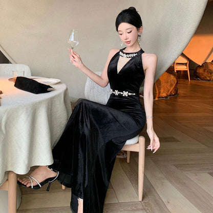 Dam Långklänning V-ringad Splicing Design i Högkvalitativ Polyester för Fest och Bröllop-4