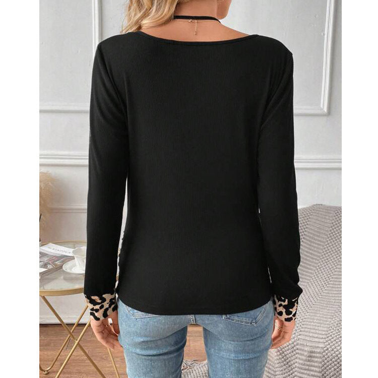 Dam T-shirt Slim Fit Leopardsmönster V-ringning Polyester Spandex-3