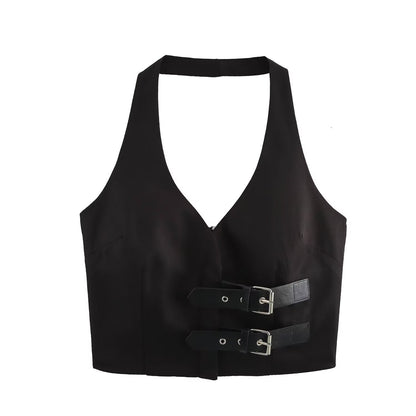 Dam Crop Top med Smala Band och Bälte i Polyester-1
