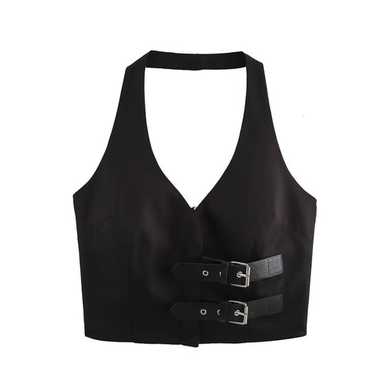Dam Crop Top med Smala Band och Bälte i Polyester-1