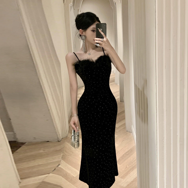 Fina Dam Klänningar Bodycon V-ringning Sammet Långa Ärmar-3