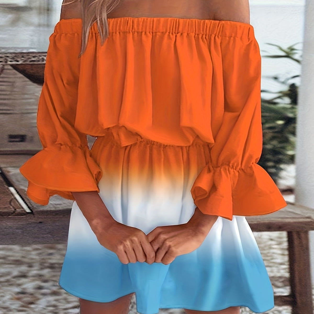 Kvinnors A-Linjeformad Klänning Off-Shoulder Elastisk Midja Stretch Polyester-3