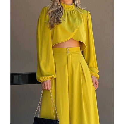 Dam Set med Oregelbunden Topp och Höga Midja Byxor i Solrosgul Polyester – Chic och Bekväm Stil 3
