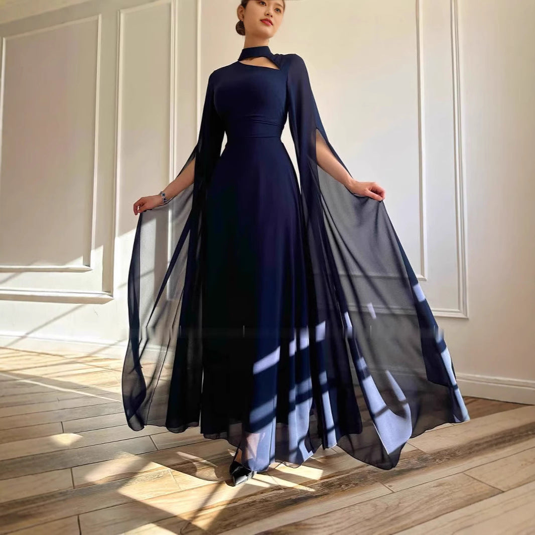 Fina Dam Klänningar Vintage Chiffong Långärmad Elegant-2