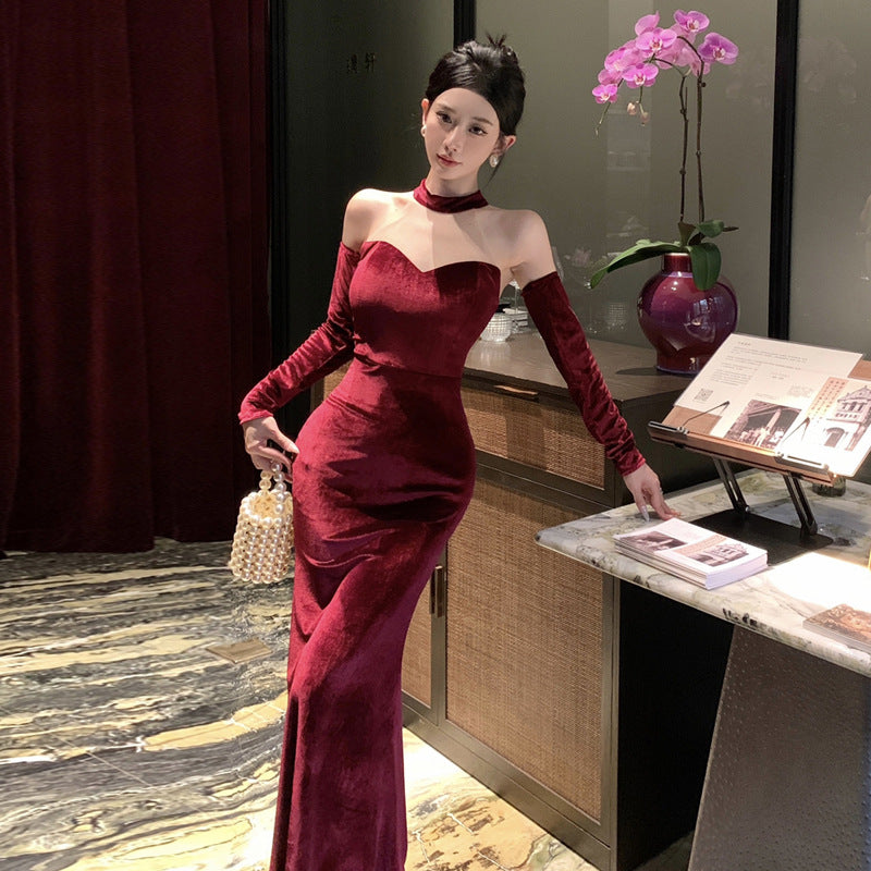 Kvinnors Aftonklänning Lång Off-Shoulder Polyester Elegant Halterneck-1