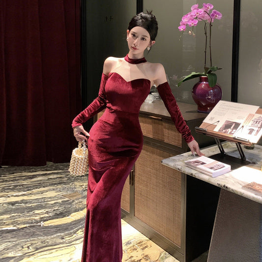 Kvinnors Aftonklänning Lång Off-Shoulder Polyester Elegant Halterneck-1