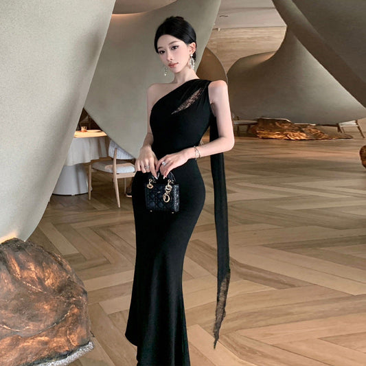 Dam Klänning Asymmetrisk Off-Shoulder Patchwork Lång Polyester-1