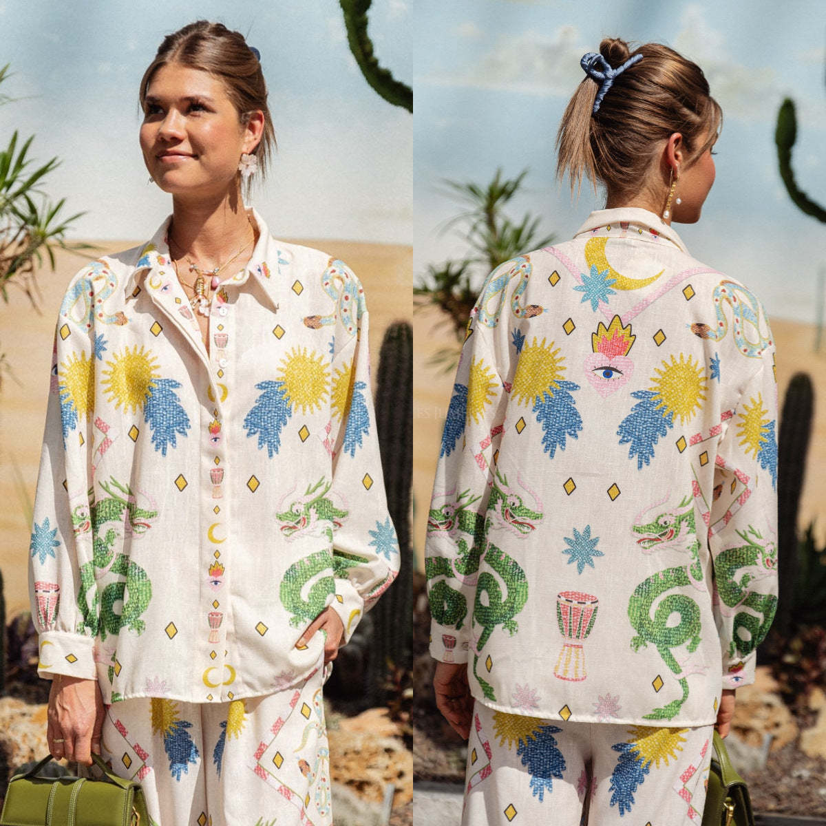 Matchande Set Dam Blommig Långärmad Skjorta och Byxor 100% Bomull 3