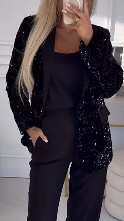 Dam Blazer med Paljetter Reverskrage Polyester Spandex-4